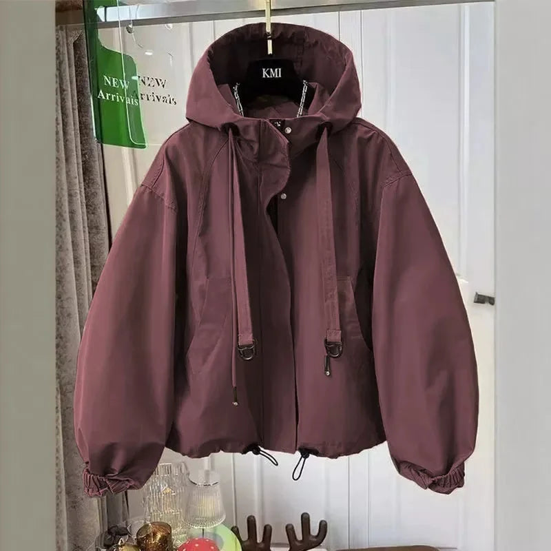 Korean Trench Coat Women 2026 Spring Autumn New Loose  Long Sleeve Casual All-Match Hooded Windbreaker Outerwear Ladies Overcoat