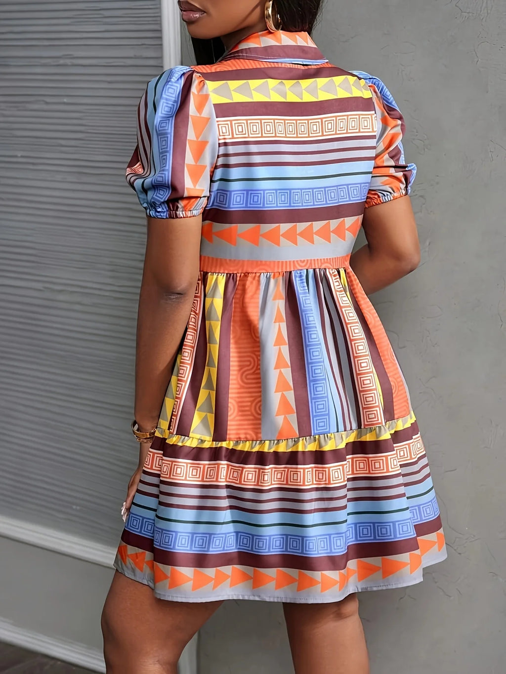Summer Princess-Sleeve Geometric Print Shirt Dress, Suitable for Casual Vacations, Office Commutes, and Daily Home Wear