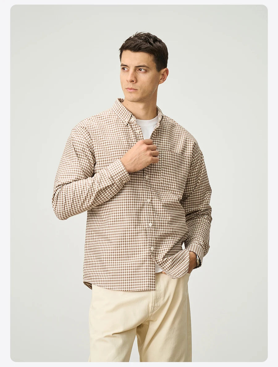 SIMWOOD 2026 Spring New Oversize 170gsm Liquid Ammonia Finish Fabric Shirts Men Checked Plaid Casual Shirts