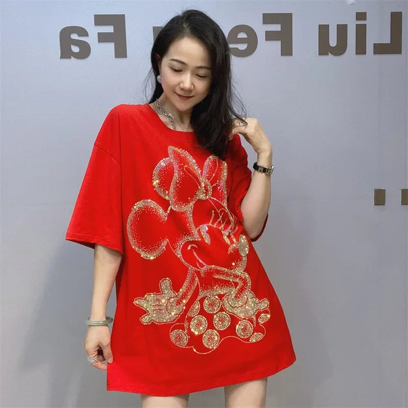Loose Oversized T Shirt Women Rhinestones Cartoon Pattern Short Sleeve O Neck Pullovers Tops Tee Female Женская Одежда Plus Size