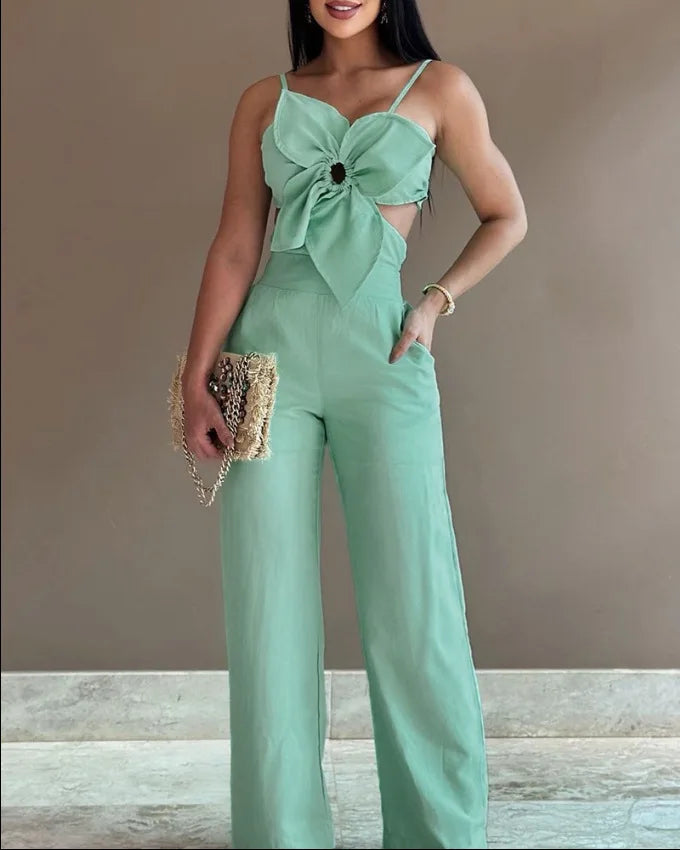 2026 Summer Spaghetti Strap Fashion Jumpsuit Women's Floral Pattern Hollow Casual Asymmetrical Collar Backless Jumpsuit Trousers