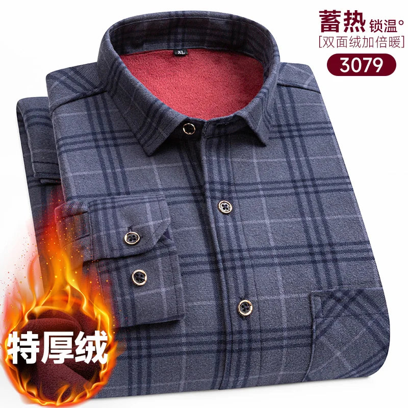 Men's long-sleeved shirt with double-sided fleece thickened warmth, 8XL, 9XL, casual winter fashion, versatile for the street