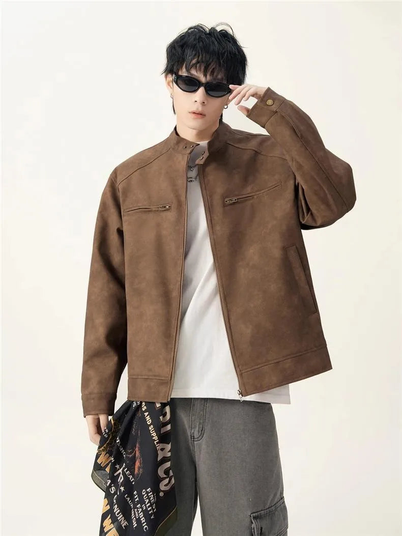 Men's American Retro Brown Leather Jacket Men Motorcycle Er Jacket Casual Baseball Varsity Coat Couple Streetwear Outerwear