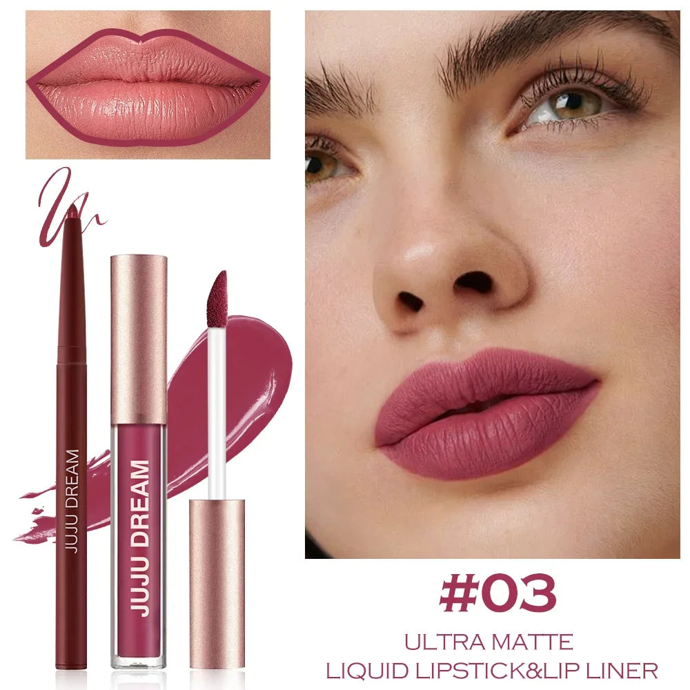 2-Piece Matte Lip Gloss & Lip Liner Set, Long-Lasting Cup-Shaped Formula Glides On Smoothly, Perfect For Everyday Makeup Looks.