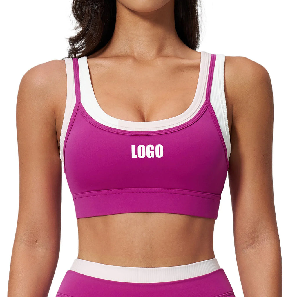 Custom LOGO Women's Naked Fake Two-piece Sports Vest Threaded Contrast Yoga Bra Running Fitness Clothing Top