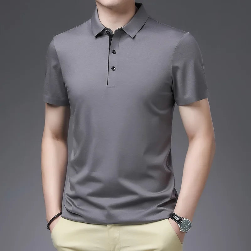 Bamboo Fiber Viscose And Cotton Blend Polo Shirt Men Short Sleeve Collar New Seamless T-shirt Summer Thin Lightweight Poloshirt