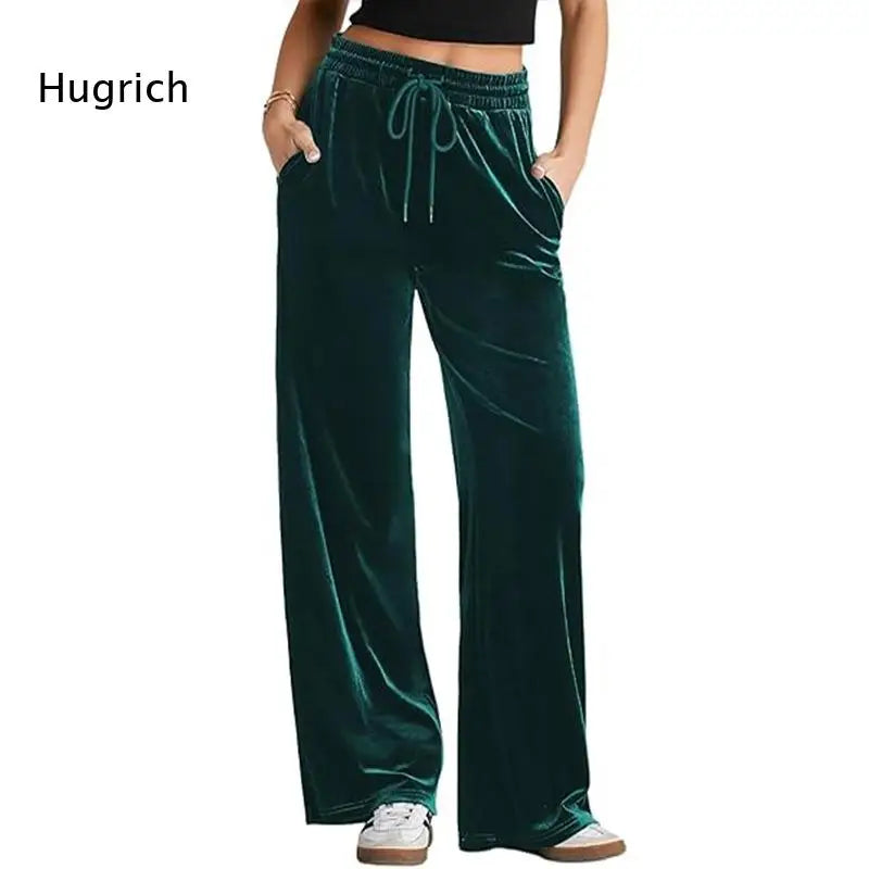Women's High Waist Velvet Wide Leg Pants Drawstring Elastic Waist Loose Casual Trousers Autumn Winter Solid Color Long Pants B