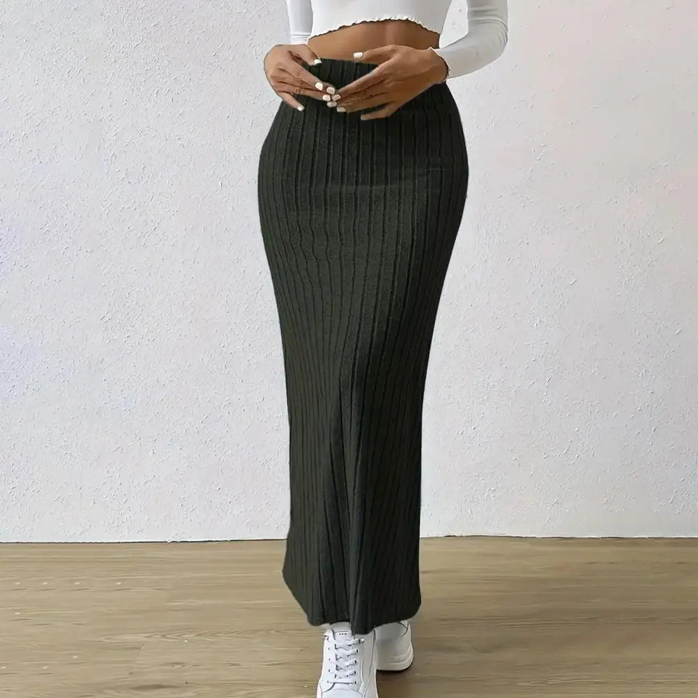 Long Skirt with Side Slits Breathable Maxi Skirt Elegant Ribbed Maxi Skirt with Side Slits High-waisted Solid Color for Autumn