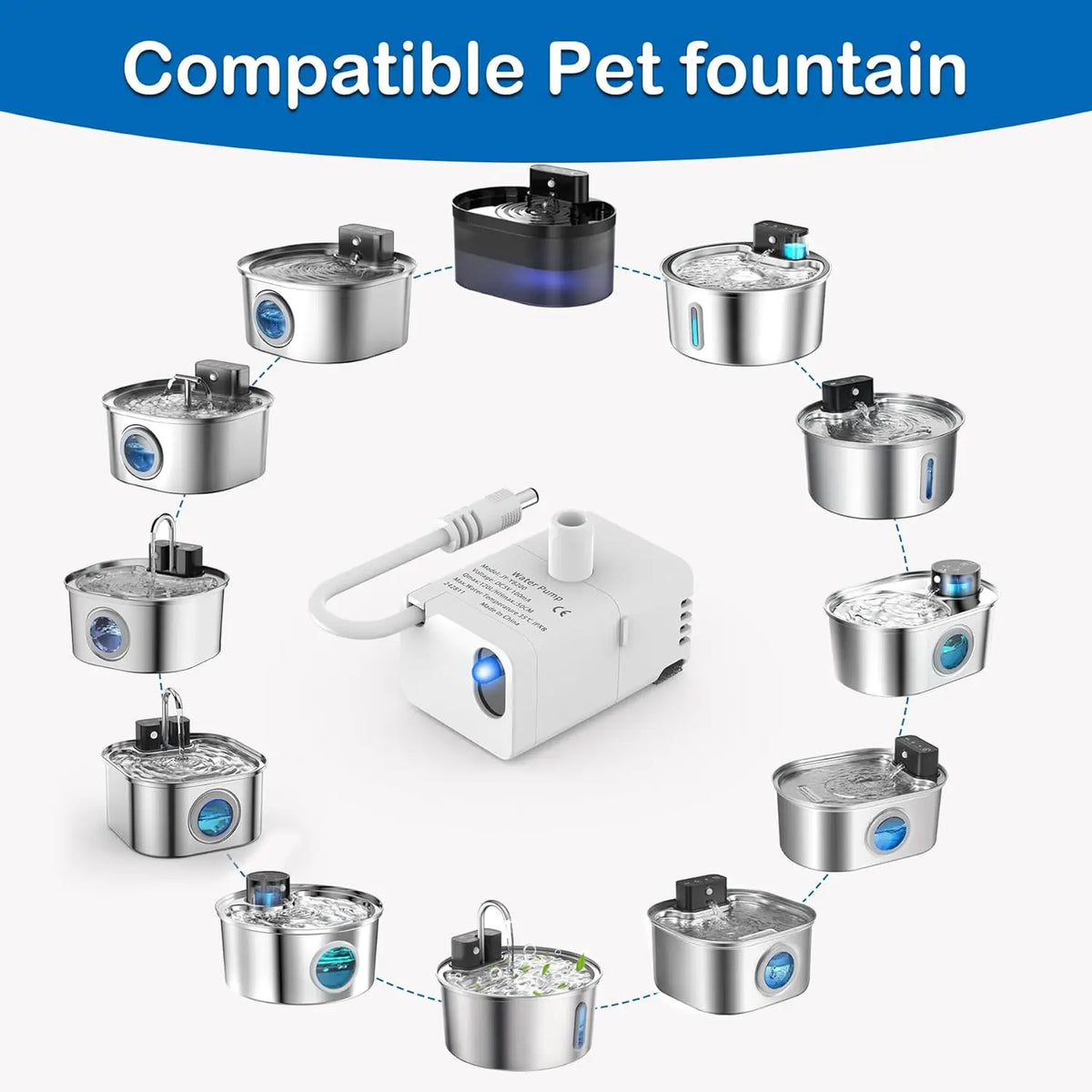 Cat Fountain Replacement Pump, LED Auto Power Off Light, Ultra Quiet Filter Pump Fit 2.2L/3.2L Smart Pet Water Dispenser