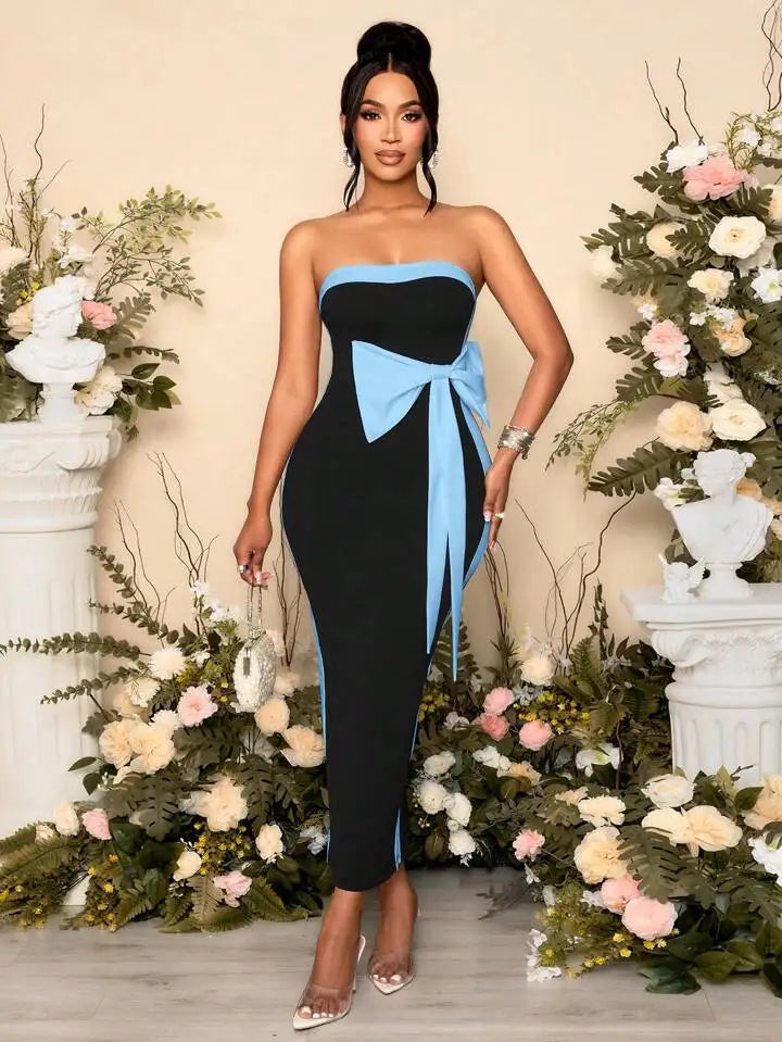 High Quality Women Sexy Strapless Off the Shoulder Bow Bodycon Long Bandage Dress Nightclub Party Celebrate Birthday Outfit
