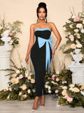 High Quality Women Sexy Strapless Off the Shoulder Bow Bodycon Long Bandage Dress Nightclub Party Celebrate Birthday Outfit