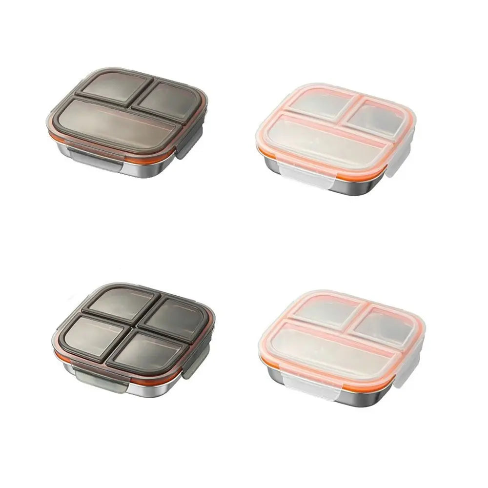 3/ 4 Grids Stainless Steel Lunch Box Reusable Sealed Food Container Leak Proof 600ml Capacity Student Meal Plate Microwave Oven