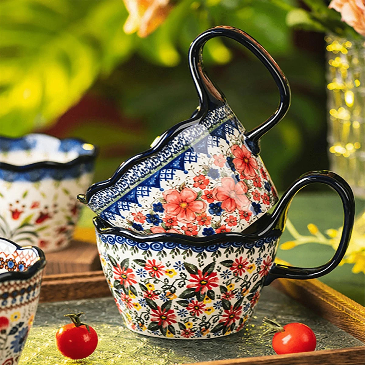 1pc, Bohemian Style Ceramic Cup, with Handle for Easy Removal, Coffee Cup, Afternoon Tea Cup, Breakfast Cup, Milk Cup
