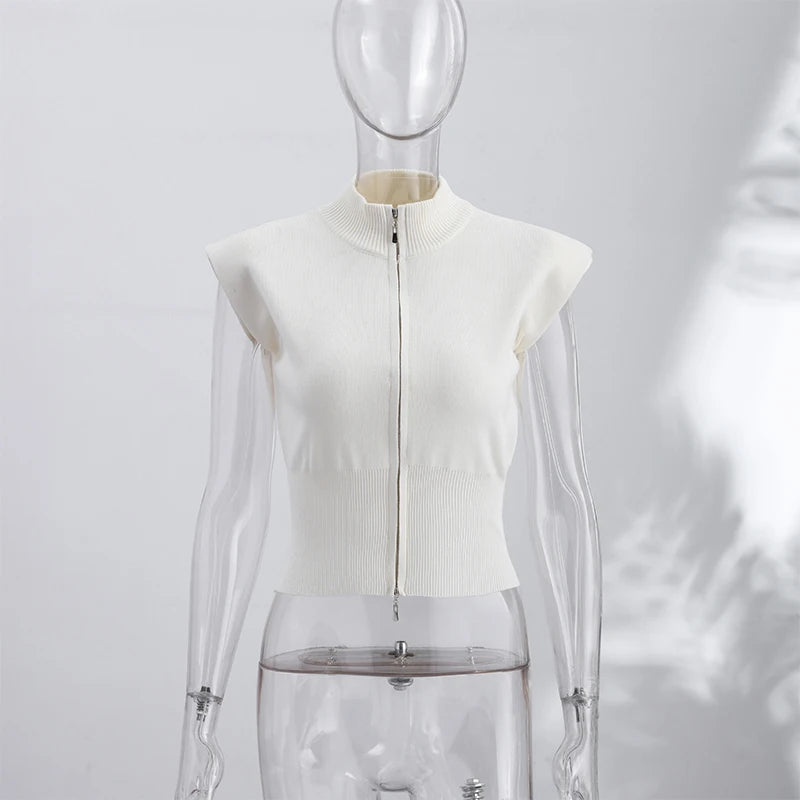 Women's Knitwear Half Turtleneck Double Zipper Knitted Vest Autumn Female Sleeveless Waist Cinching Solid Slim Cardigan New Tops