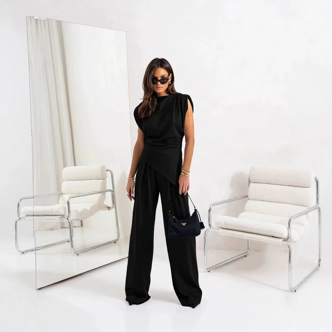 Summer Solid Asymmetric Short Sleeve Set Women's Casual 2-Piece