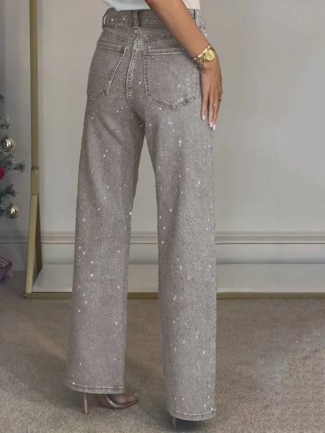 Shiny Rhinestone Jeans Pants Sexy Women High Waist Elegant Night Club Diamonds Denim Straight Trousers