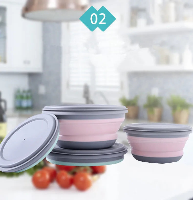 Portable Folding Lunch Box Bowl Sets Silicone 3Pcs/Set Food Container Outdoor Camping Tableware Set Foldable Salad Bowl with Lid