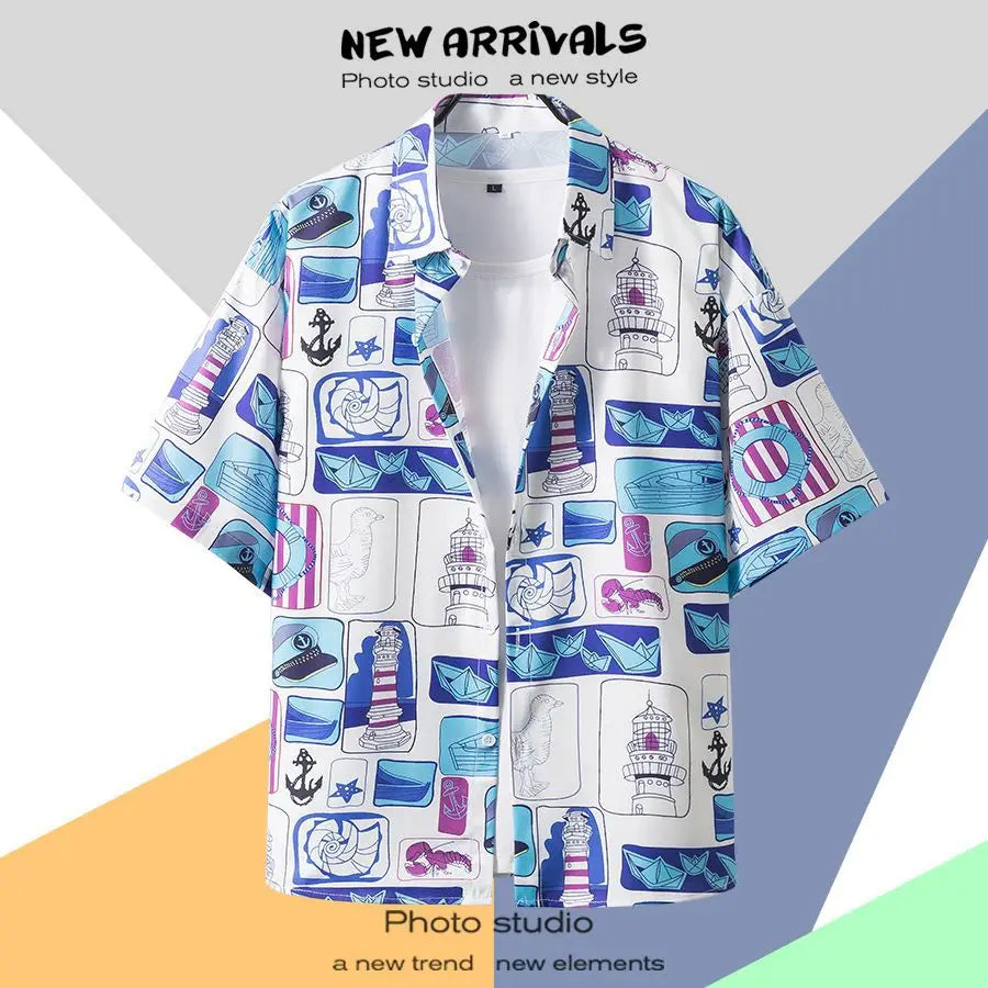 New Summer Casual Short Sleeved Shirt Korean Version Fashionable Men's and Women's Loose Collar Hawaiian Seaside Flower Shirt