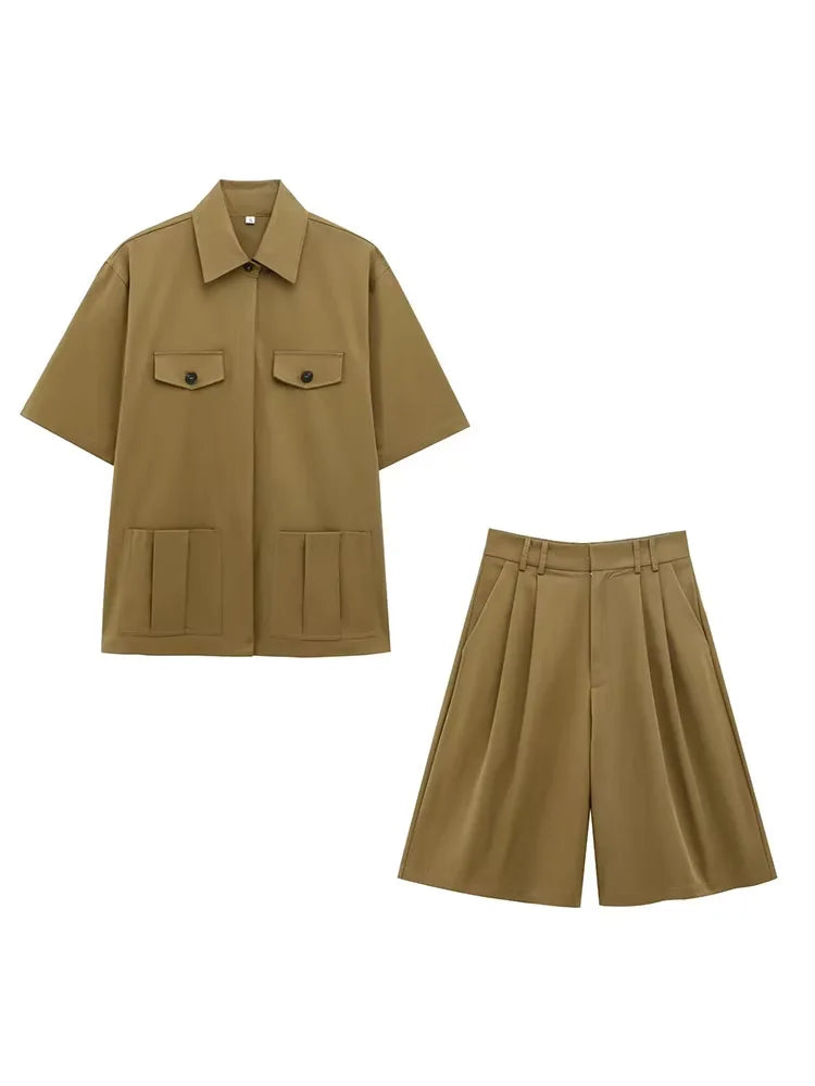 HH Women Summer Solid 2-Piece Set Button Pocket Decoration Short Sleeve Lapel Shirts+High Waist Pleated Zipper Casual Shorts