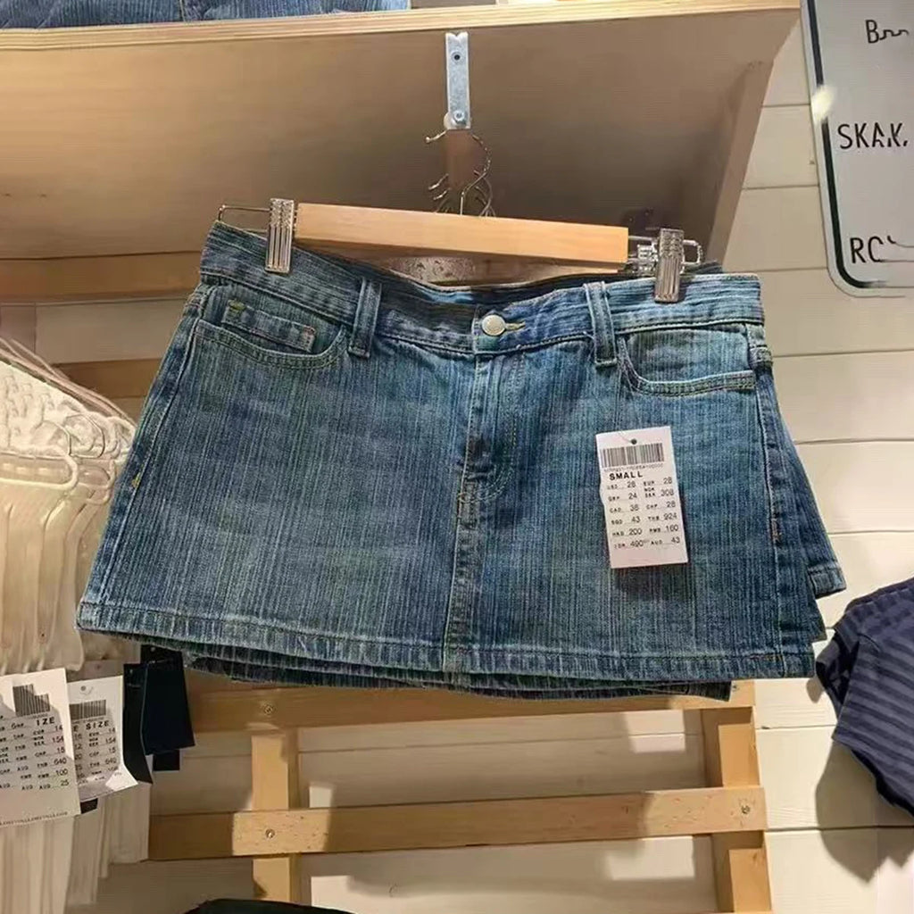 Vintage Denim Straight Mini Skirts Women Sexy Low Waist Pockets A-line Short Faldas Casual Streetwear Summer Cotton Skirt Y2k