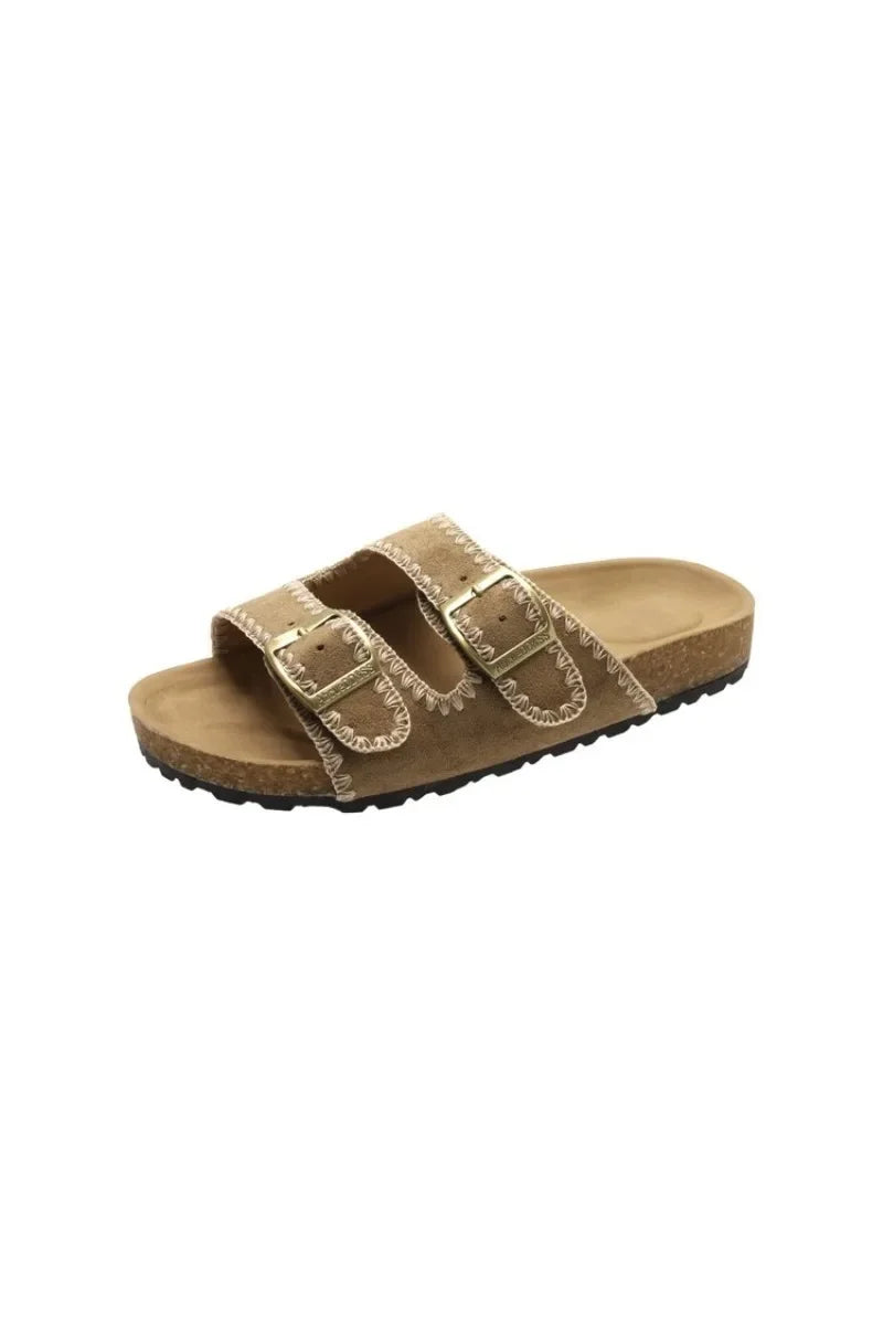 Women's Flat Slide Sandals Open Toe Suede Look Double Buckle Strap Slip on Whipstitch Detail Casual Summer Daily Walking Shoes
