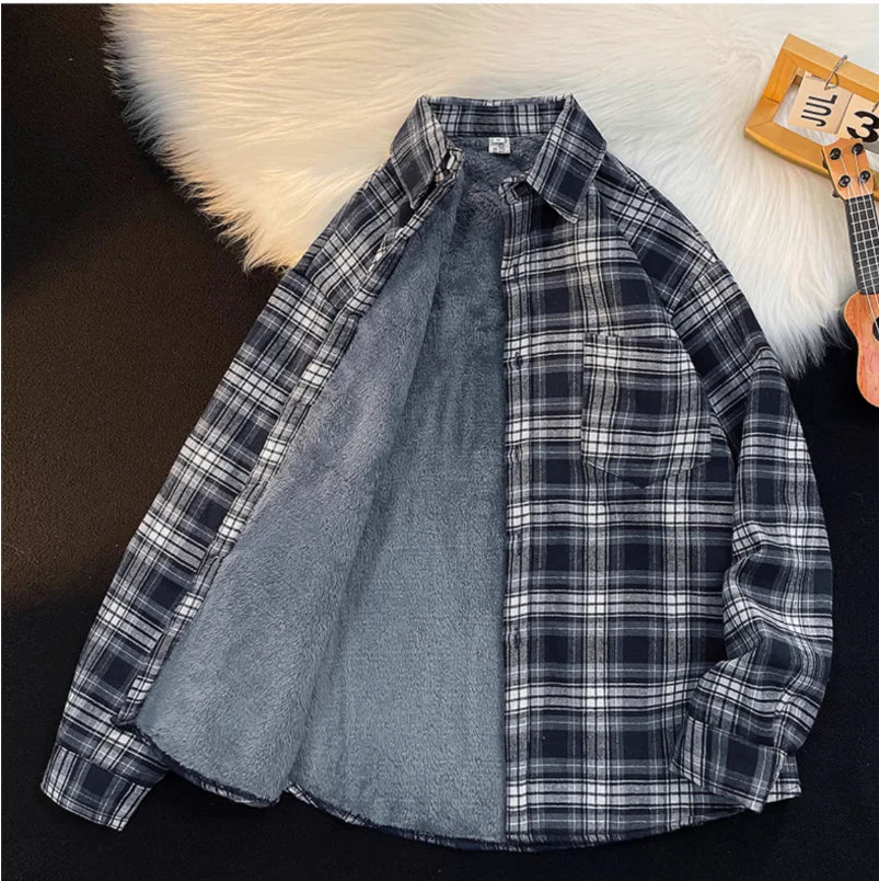 New 2026 Autumn and Winter Plus Velvet Thick Warm Plaid Shirt Men's Long Sleeved Japanese Retro Trend Loose Casual Shirt Jacket