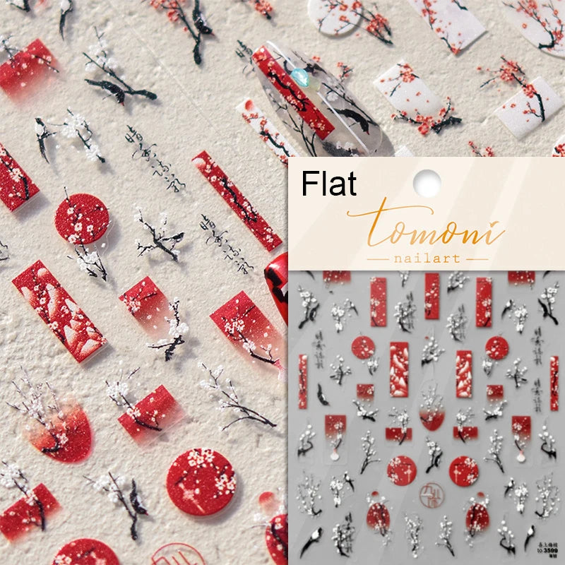 Elegant Chinese Charm Shiny Nine-tailed Fox Mask Red Equinox Flowers Tragedy Love Soft Reliefs Nail Art Stickers Manicure Decals