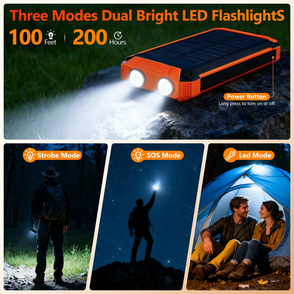 20000mAh Portable Solar Power Bank Dual LED Lights 4 Built-in Cables Fast Charging for iPhone Android Phones AirPods
