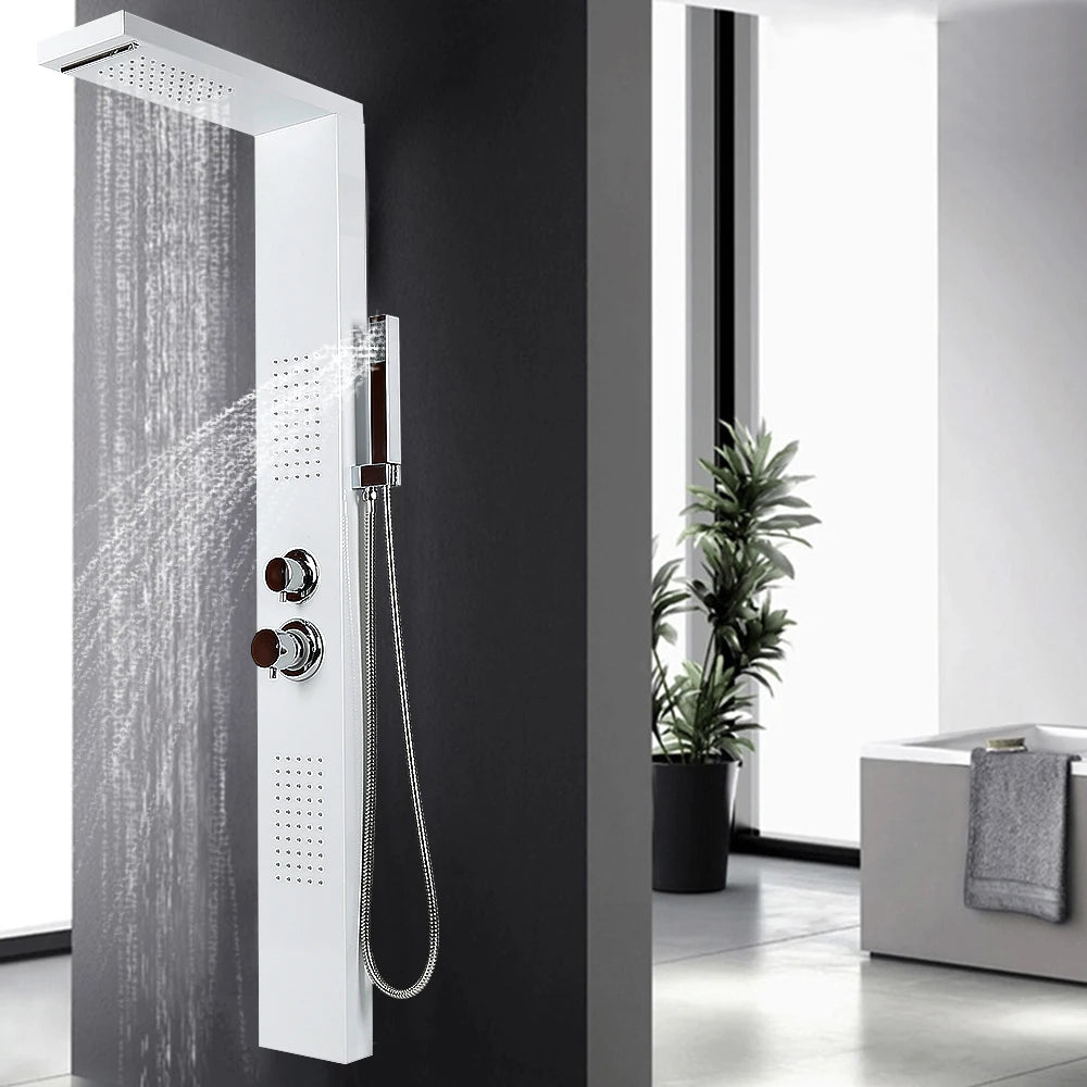 4 in 1 shower panel, shower system complete set rain shower, waterfall, massage side jets, wide hand shower, 1-button switch