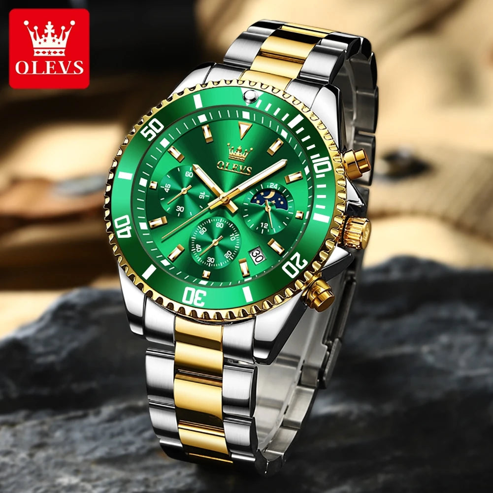 OLEVS 2870 Gold Men Watch Luxury Original Diving Series Men Watch Calendar Moon Phase Chronograph Sport Men Quartz Watch Gift