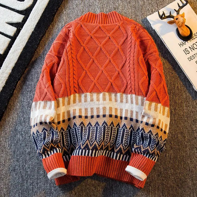 2023 New Autumn and Winter Retro Patchwork Diamond V-neck Color Matching Loose and Handsome Casual Knitted Cardigan for Men