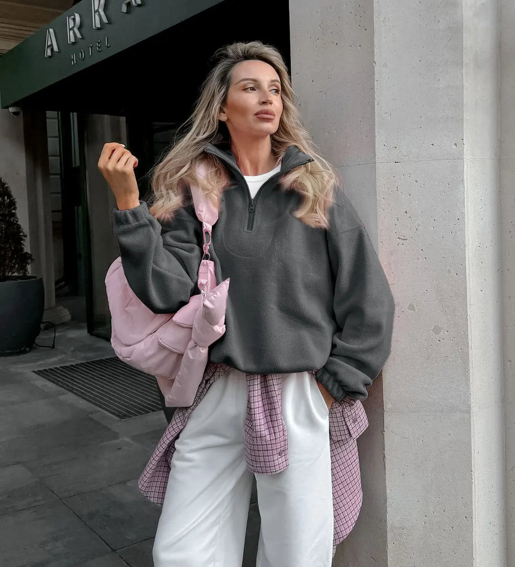 Women Autumn Winter Fleece Hoodies Elegant Stand Collar Zipper Loose Sweatshirt Elegant Solid Pullover Casual Top Streetwear