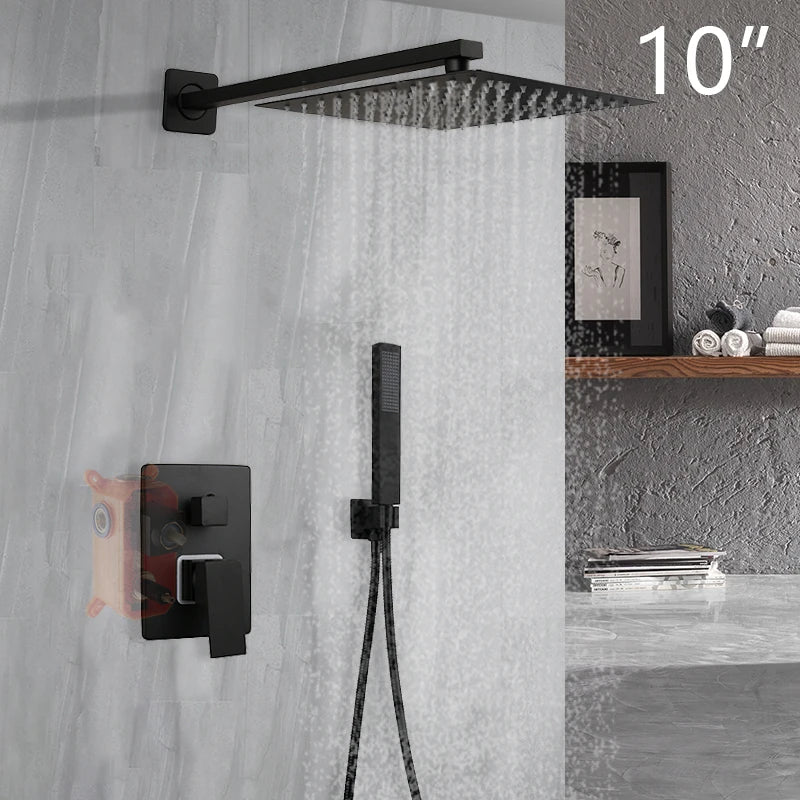 KEMAID Matte Black Rainfall Shower Faucet Systerm W/ Embedded Box Valve Wall Mounted Shower Faucets 2 Way Function Mixer Gold