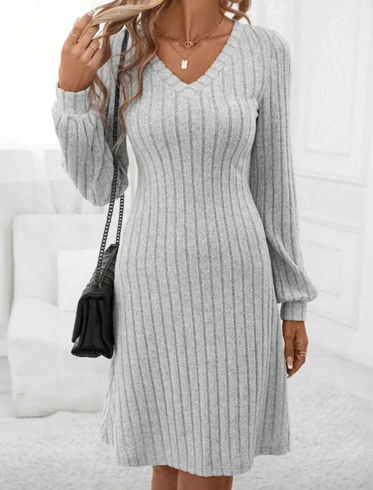 Solid Color Long Sleeve Knitted Ribbed Women Mini Dress Winter Warm V-neck Pit Stripe Dresses Casual Party Vacation New Clothes
