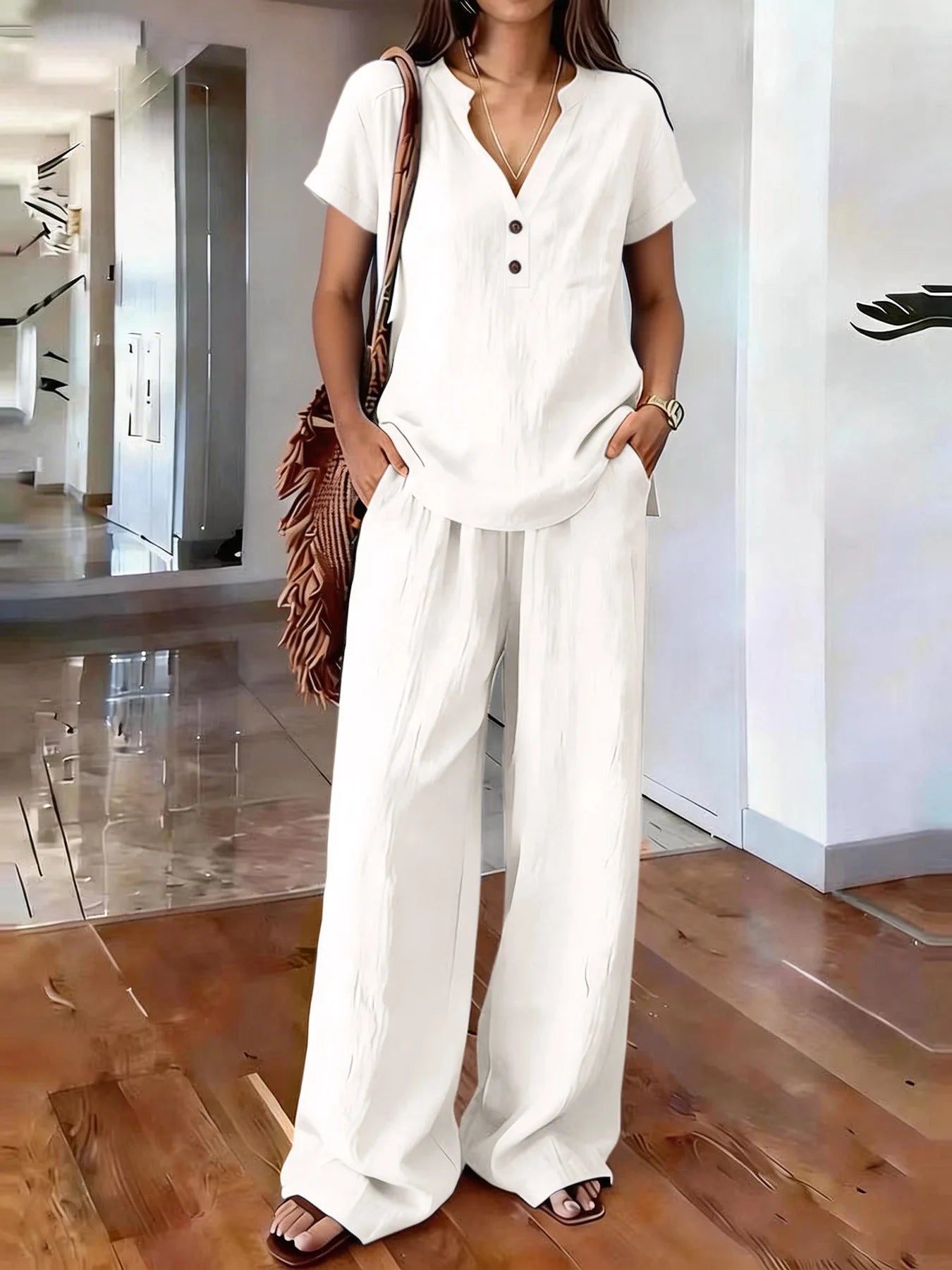 Solid Color Casual Loose Pants Sets For Women 2026 Elegant Summer Women's Two Pieces Suit Full Trouser Set Female Outfit Clothes
