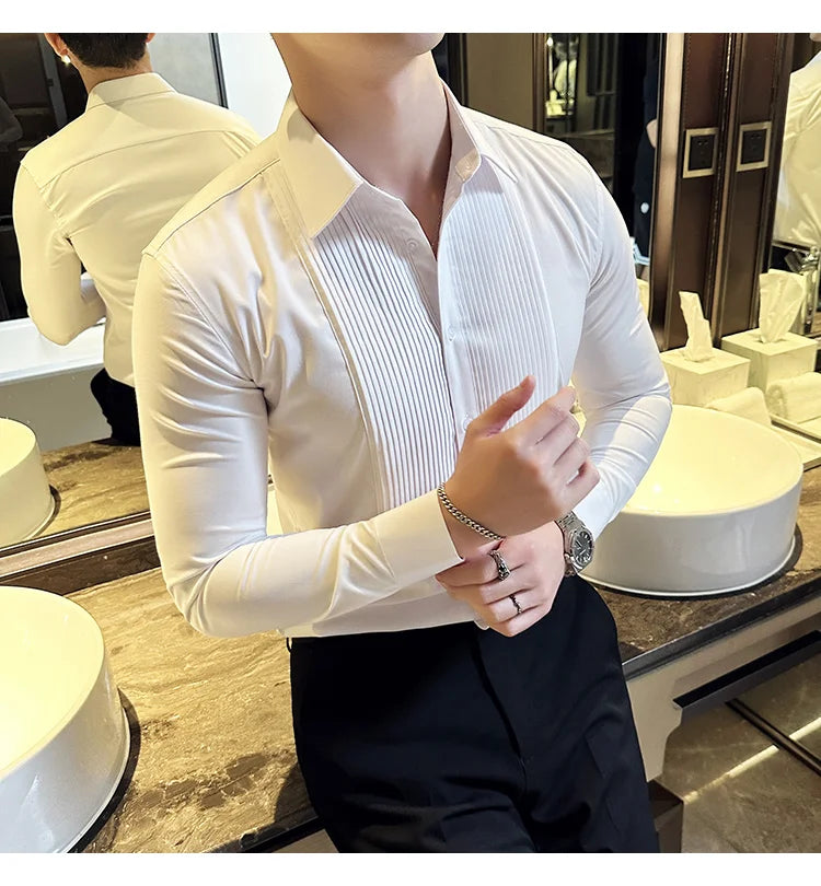 Groom Wedding Party Dress Shirt Men's Fashion Pleated Design Slim Fit Shirt Men Formal Long Sleeved Social Business Tailcoat