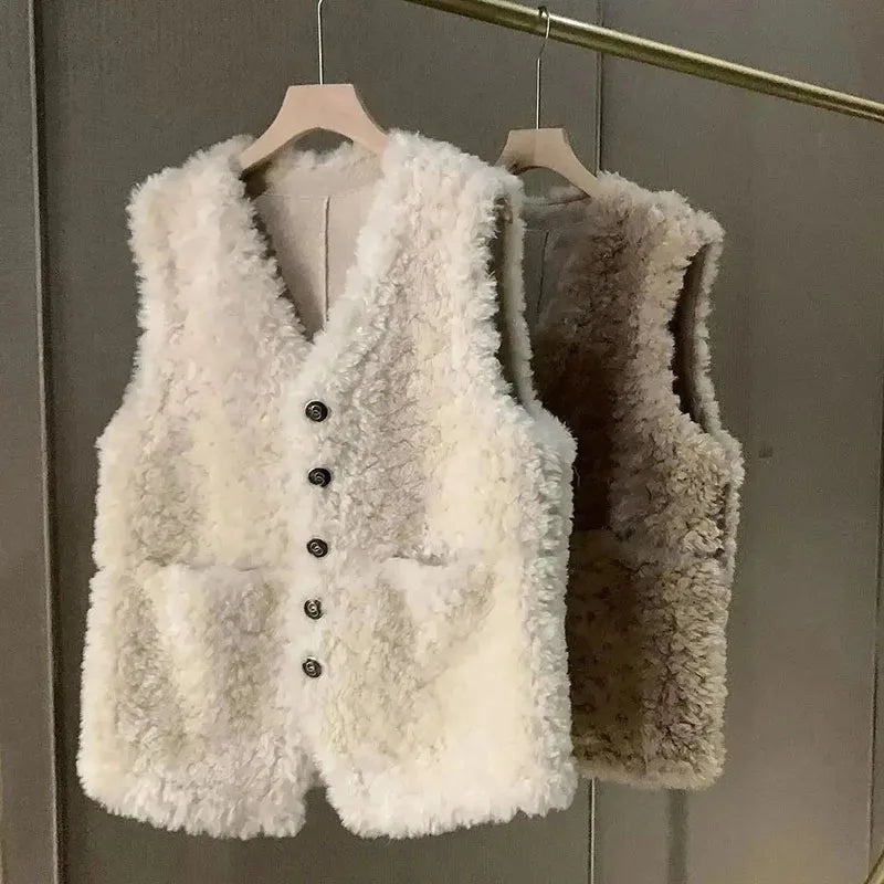 Female Lamb wool Waistcoat Jacket 2025 Spring Autumn New Single Breasted Slim Sleeveless Coat Warm Women's Short Casual Vest Top