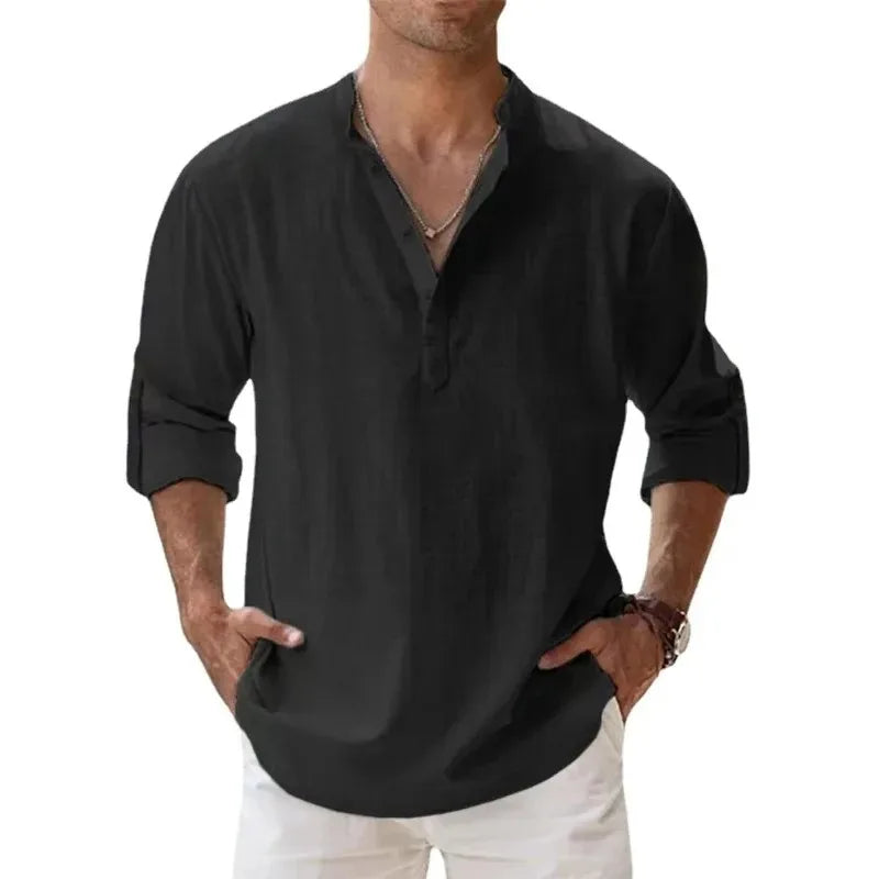Spring New Men's Casual Slim Fit Polo Shirt Solid Color Breathable Button Long Sleeved Top Refreshing and Comfortable T-shirt