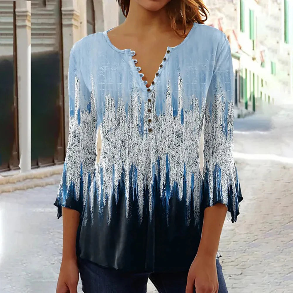 Women's V-Neck Short Sleeve Summer New Button T-Shirt Street Trend Flower Print Women's Loose Casual V-Neck Button T-Shirt