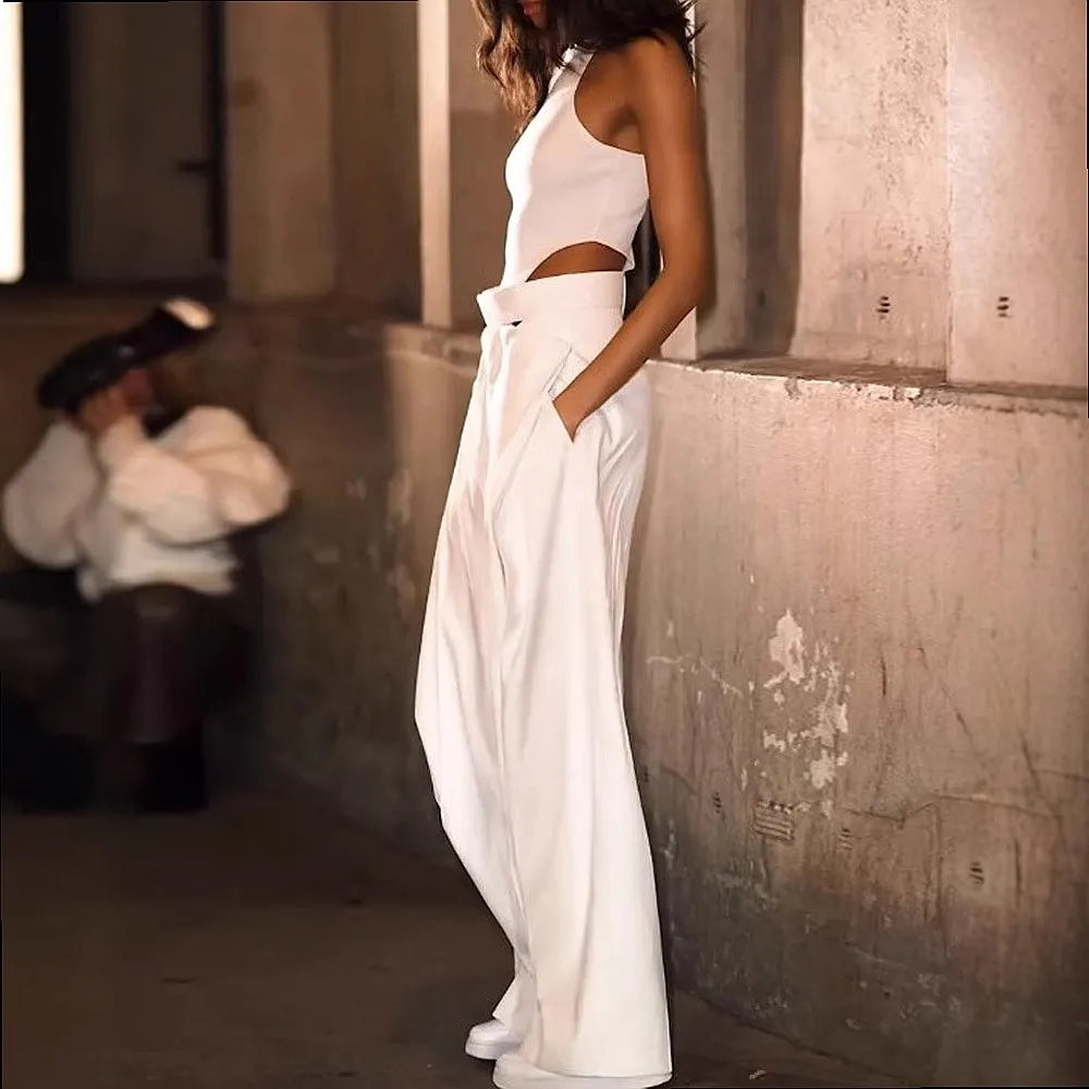 Women's Solid Color Sleeveless Hollow Out High Waist Wide Leg Jumpsuit Overall Playsuit