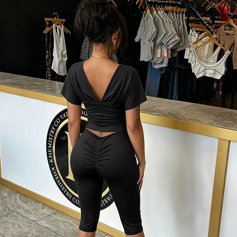 STYLISH LADY Y2K Solid Color Two Piece Set Batwing Sleeve Ruched Top Capri Pants 2026 Women Bodycon Vacation Party Outfits
