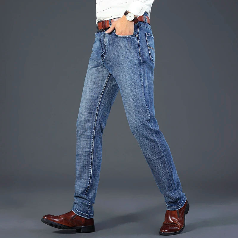 Men Fashion Straight Jeans Men 2026 New Stretch Slim Fit Pants Comfortable Soft Business Denim Trousers Male Brand Clothing