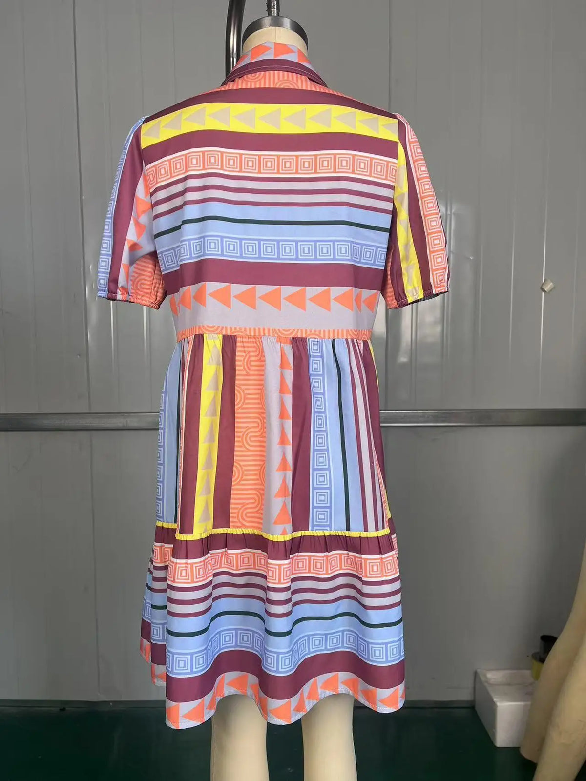 Fashionable Ethnic Print Stand Collar 3/4 Sleeve Dress Women's Cleanfit Loose Waist Polyester Cotton Blend Bell Sleeve Dress