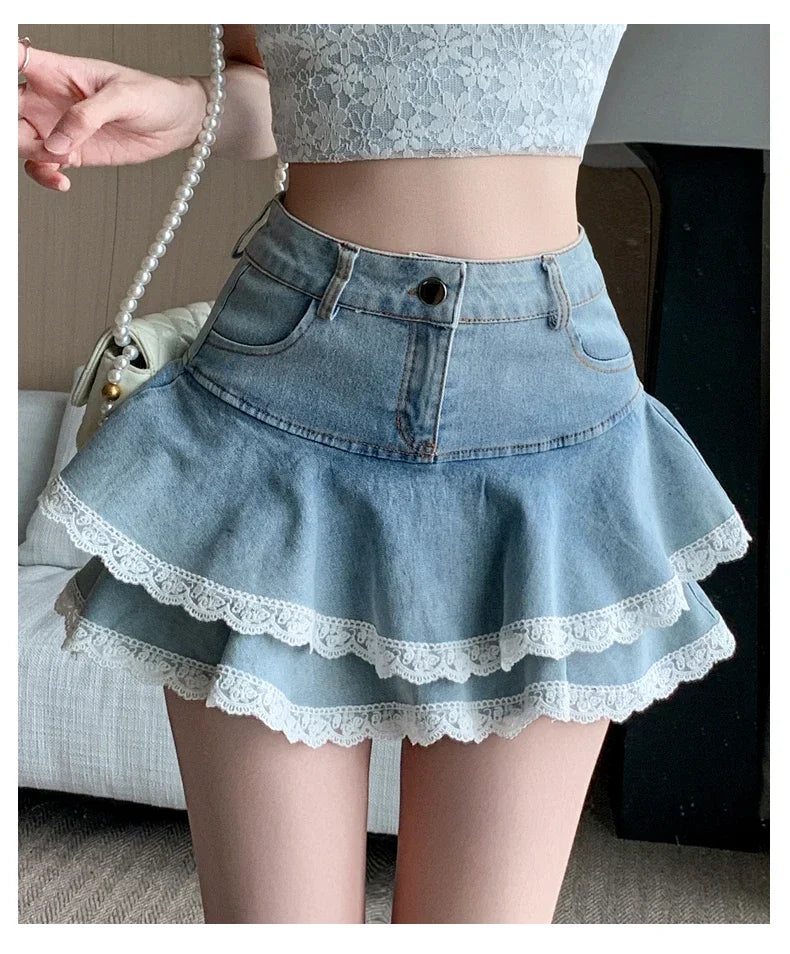 Women's Denim Skirts New Spring Summer Fashion High Waist Lace Decoration Shorts Mini Skirts for Women