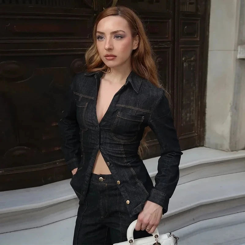 MUJER 2025 Denim Women's Pants Sets Button up Shirt Two Piece Outfits Woman High Waist Women's Trousers Suits Spring Lady Sets