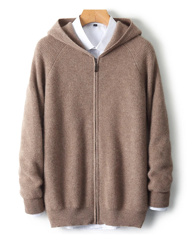 Autumn and Winter 100% Pure Cashmere Cardigan Men's Hoodie Zipper Thick Sweater Loose Plus Size Wool Knitted Sweater Coat