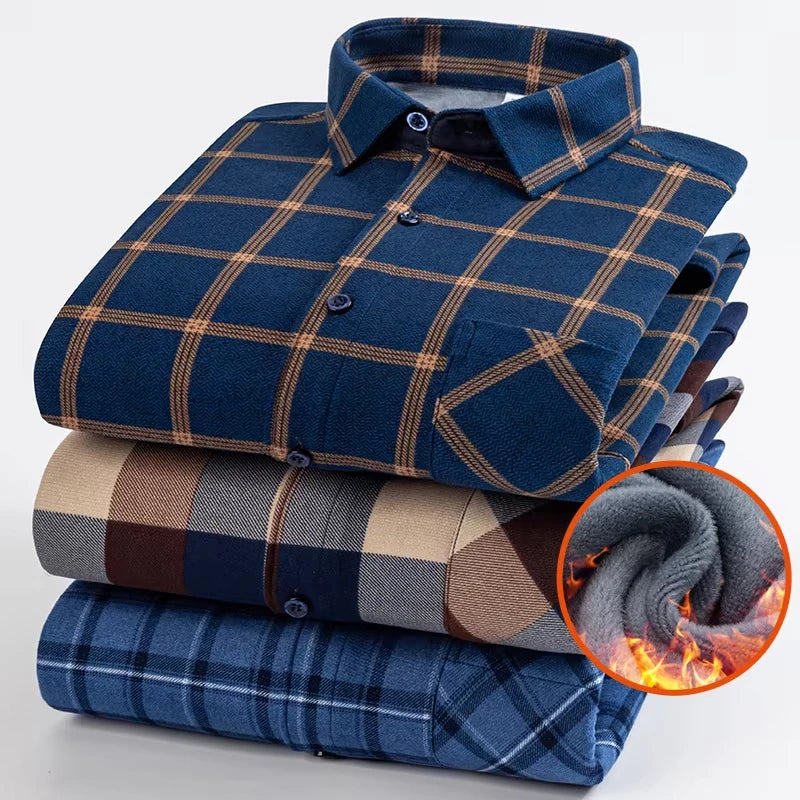 New In Tops Men's Thicken Flannel Fur Lined Shirts Autumn Winter Plus Sized Warm Long Sleeved Plaid Business Casual Slim Clothes