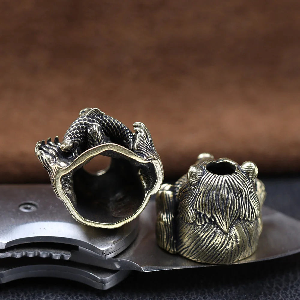Bear With Salmon Brass Knife Beads EDC DIY Paracord Woven Bracelets Lanyard Pendants Accessories Outdoor Tools Hangings Charms