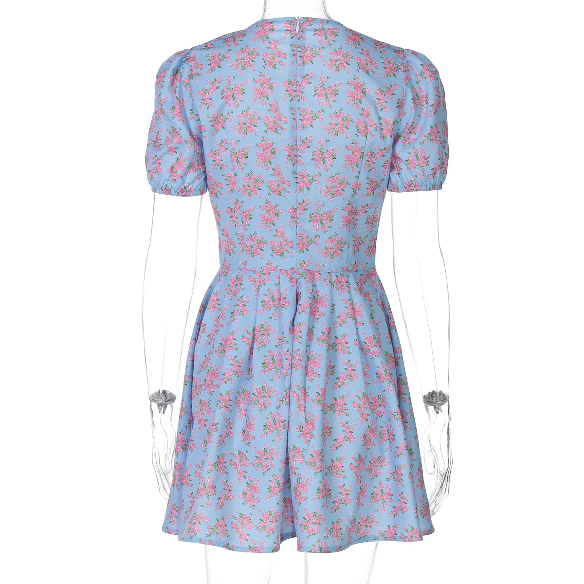 Hugcitar 2026 Floral Print V Neck Short Sleeve Lace Up Zip Up Sexy Slim Pleated Mini Dress Summer Elegant Outfits Party Vacation