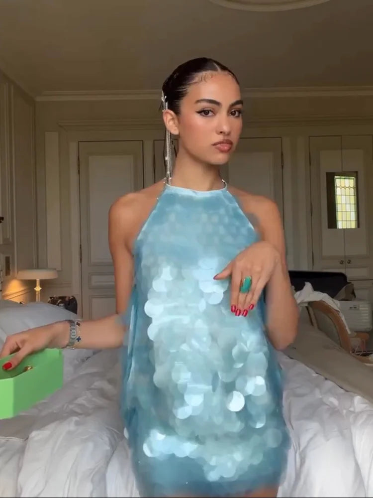 Women's 2026 Light Blue Halter Sequin Dress Sleeveless Loose Large Sequin A-Line Mini Dress Summer Evening Party Shining Gown